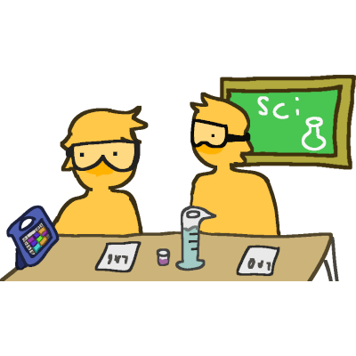 Two people sitting at a desk. Both are wearing goggles. The person on the left has an aac device. They have a paper that says lab on It.  Their lab partner has the same paper. In between them is a graduated cylinder with water, and small cup with a pink liquid